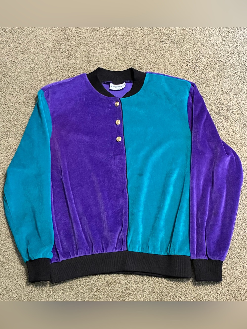 Vintage Alfred Dunner Top Womens S Velour Color Block Shirt Purple Turquoise USA